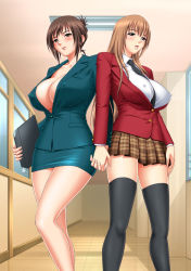  2girls asymmetrical_docking between_breasts black_legwear black_necktie blush breast_press breasts brown_eyes brown_hair bursting_breasts business_suit cleavage collarbone covered_erect_nipples curvy dress female_focus fingernails formal fusano_fumie fusano_tomoka hallway holding_hands huge_breasts impossible_clothes indoors interlocked_fingers jacket lips long_hair long_legs looking_at_viewer matching_hair/eyes microdress milk_junkies milk_junkies_2 minidress miniskirt multiple_girls nail_polish necktie necktie_between_breasts no_bra no_shirt open_clothes open_jacket parted_lips plaid plaid_skirt red_jacket revealing_clothes school school_uniform shiny_skin shirt short_hair siblings side_to_side sisters skindentation skirt skirt_suit smile standing suit tatsunami_youtoku teacher teacher_and_student tight_clothes tight_dress tight_shirt white_shirt window  rating:Questionable score:100 user:ron2k15