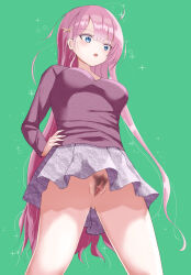  1girl bare_legs blue_eyes breasts censored exhibitionism female_pubic_hair highres large_breasts long_hair long_sleeves miniskirt no_panties original pink_hair pubic_hair public_indecency pussy ren_(diamondlibrary) simple_background skirt solo_focus standing  rating:Explicit score:29 user:Paladin-Quest