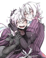  2boys affectionate bettel_2_(gavis_bettel) black_flower black_gloves blue_hair blush brothers clenched_teeth closed_eyes coat commentary english_commentary flower gavis_bettel gavis_bettel_(1st_costume) glasses gloves grey_hair grin hair_between_eyes happy highres holostars holostars_english hug jewelry low_ponytail male_focus medium_hair multicolored_hair multiple_boys open_mouth pink_hair rainycoffeebean shiny_clothes siblings smile striped_coat teeth twins twitter_username upper_body upper_teeth_only virtual_youtuber white_background 