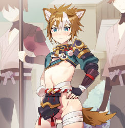  3boys absurdres animal_ears arm_guards armor bandaged_leg bandages black_gloves blush brown_hair bulge closed_mouth commentary crotch_plate english_commentary erection erection_under_clothes eyeliner faceless faceless_male fingerless_gloves fox_boy fox_ears fox_tail genshin_impact gloves gorou_(genshin_impact) hair_ornament hand_on_own_hip highres holding holding_polearm holding_weapon itsme_takk japanese_clothes makeup male_focus multicolored_hair multiple_boys navel nipples penis polearm shoulder_armor streaked_hair tail tassel testicles weapon white_hair  rating:Explicit score:196 user:danbooru