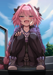  1boy astolfo_(fate) astolfo_(memories_at_trifas)_(fate) black_bow black_pantyhose black_skirt blue_sky blush bow braid bulge collarbone crossdressing day fang fate/apocrypha fate_(series) hair_intakes highres jacket jewelry long_braid long_hair long_sleeves looking_at_viewer male_focus multicolored_hair necklace official_alternate_costume open_clothes open_jacket open_mouth panties panties_under_pantyhose pantyhose pink_hair purple_eyes purple_footwear purple_jacket sekai_saisoku_no_panda shoes single_braid skin_fang skirt sky smile sneakers solo squatting streaked_hair thighband_pantyhose trap underwear white_hair  rating:Questionable score:218 user:danbooru