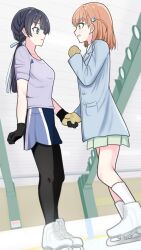  2girls :d :o absurdres black_gloves black_pantyhose blue_coat blue_shorts breasts brown_mittens coat commentary eye_contact full_body gloves green_skirt grey_shirt highres hinoshita_kaho holding_hands ice_skates indoors lily_(lily-put) link!_like!_love_live! looking_at_another love_live! medium_breasts mittens multiple_girls murano_sayaka official_alternate_costume open_mouth pantyhose pantyhose_under_shorts shirt shorts sideways_mouth skates skirt smile socks standing virtual_youtuber white_socks 