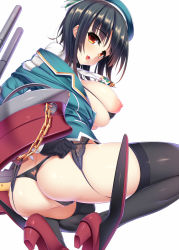 10s 1girl anus anus_peek ass black_gloves black_hair black_panties black_thighhighs blush breasts cameltoe dragonmaterial garter_straps gloves hat high_heels kantai_collection large_breasts looking_at_viewer nipples open_mouth panties partially_visible_anus red_eyes short_hair solo takao_(kancolle) thighhighs thong underwear white_background rating:Questionable score:39 user:danbooru