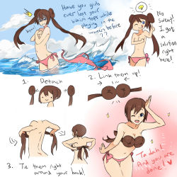  10s 1girl :q ;) backboob bikini blue_eyes breasts brown_hair covering_breasts covering_privates creatures_(company) detached_hair double_bun english_text game_freak hair_bikini hair_bun nintendo one_eye_closed pokemon pokemon_bw2 rosa_(pokemon) smile solo swimsuit tongue tongue_out topless tribute_(tributism) twintails wardrobe_malfunction wink 