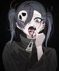  1girl black_background black_hair black_jacket blood blood_in_mouth blue_eyes blue_hair blush ear_piercing eyelashes fang finger_in_own_mouth hair_ornament hair_over_one_eye highres jacket jessie_nair long_hair long_sleeves looking_at_viewer mole mole_under_eye multicolored_hair oh_(aung_ae) open_mouth original piercing saliva skull_hair_ornament solo tongue tongue_out twintails upper_body zipper_pull_tab 