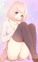1girl :d black_thighhighs blush collarbone frills hands_up highres knees_up legs_together looking_at_viewer manatsuki_manata open_mouth original pink_hair purple_eyes short_hair shorts sitting skirt sleeves_past_wrists smile solo sweater tareme thighhighs thighs rating:Sensitive score:12 user:danbooru