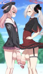  2girls absurdres anger_vein angry bar_censor black_headwear black_shirt blue_archive blurry blurry_background blush breasts censored flat_chest flower from_side futa_with_futa futanari grey_hair grin hair_flower hair_ornament halo hand_on_own_hip happy hat highres huge_penis koharu_(blue_archive) large_penis large_testicles long_hair looking_at_another multiple_girls multiple_penises mutsuki_(blue_archive) neckerchief nnilaee penis penis_size_difference penises_touching pink_eyes pink_hair pink_neckerchief pink_skirt pleated_skirt precum precum_string red_skirt shirt side_ponytail skirt small_breasts smile standing testicles thigh_strap veins veiny_penis  rating:Explicit score:243 user:danbooru