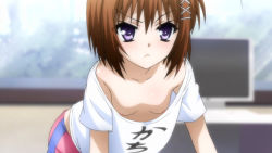  10s 1girl all_fours blush bow breasts brown_hair downblouse frown hair_bow hair_ornament haruna_(korezom) kore_wa_zombie_desu_ka? loose_clothes nipples no_bra nude_filter purple_eyes short_hair small_breasts solo third-party_edit  rating:Questionable score:86 user:enker