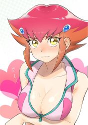  1girl arm_under_breasts bare_arms bare_shoulders blush breast_hold breasts center_opening cleavage closed_mouth collarbone collared_shirt embarrassed hair_ornament heart kouzuki_anna large_breasts looking_at_viewer mechakucha multicolored_hair orange_hair partially_unzipped pink_shirt popped_collar red_hair shiny_skin shirt short_hair sidelocks sleeveless sleeveless_shirt solo sound_effects spiked_hair sweat three_quarter_view two-tone_hair upper_body yellow_eyes yu-gi-oh! yu-gi-oh!_zexal zipper zipper_pull_tab 