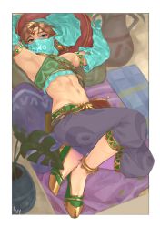 1boy armlet armpits artist_name bad_id bad_pixiv_id bare_shoulders blue_eyes border bridal_gauntlets brown_hair circlet commentary_request crossdressing detached_sleeves earrings gerudo_set_(zelda) highres ivy_(sena0119) jewelry link looking_at_viewer lying male_focus midriff mouth_veil navel nintendo official_alternate_costume on_back pants pillow pointy_ears pot solo stomach the_legend_of_zelda the_legend_of_zelda:_breath_of_the_wild trap veil white_border rating:Sensitive score:41 user:danbooru