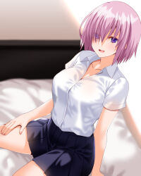  1girl arm_support black_skirt blurry blurry_background blush breasts collared_shirt engo_(aquawatery) fate/grand_order fate_(series) highres indoors large_breasts mash_kyrielight medium_hair mile on_bed open_mouth pink_hair purple_eyes shirt sitting skirt solo white_shirt 