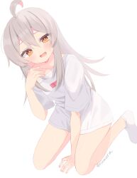 1girl absurdres ahoge bare_legs blush brown_eyes collarbone colored_inner_hair commentary grey_hair hair_between_eyes hand_on_own_chest highres kneeling long_hair looking_at_viewer multicolored_hair no_pants no_shoes numura off_shoulder onii-chan_wa_oshimai! open_mouth oversized_clothes oversized_shirt oyama_mahiro pink_hair shirt short_sleeves simple_background single_bare_shoulder socks solo sweat t-shirt twitter_username two-tone_hair white_background white_shirt white_socks rating:Sensitive score:11 user:danbooru