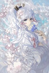  1girl absurdres ayaka_(genshin_impact) blue_eyes blue_hair cherry_blossoms closed_mouth commentary_request flower folding_fan genshin_impact hair_flower hair_ornament hand_fan highres holding holding_fan japanese_clothes kimono light_blue_hair long_hair long_sleeves looking_at_viewer mole mole_under_eye ponytail qianzhu solo upper_body very_long_hair white_kimono wide_sleeves 