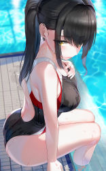 1girl ass black_hair black_one-piece_swimsuit breasts commentary_request competition_swimsuit earrings feet_out_of_frame hand_on_own_chest highres jewelry kfr large_breasts long_hair one-piece_swimsuit original poolside soaking_feet solo swimsuit water wet wet_clothes wet_swimsuit yellow_eyes rating:Sensitive score:42 user:danbooru