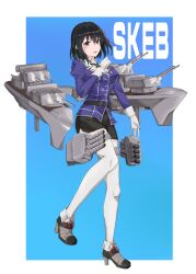  1girl absurdres black_hair black_skirt breasts brown_eyes commission full_body gloves haguro_(kancolle) haguro_kai_ni_(kancolle) hair_between_eyes high_heels highres jacket kantai_collection kukurus large_breasts long_sleeves looking_at_viewer open_mouth pencil_skirt rigging shoes simple_background skeb_commission skirt solo thighhighs turret white_gloves white_thighhighs 