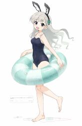 1girl absurdres animal_ear_hairband animal_ears bare_arms bare_legs barefoot blue_one-piece_swimsuit blush braid braided_bangs breasts cleavage collarbone commission commissioner_insert earrings fake_animal_ears floating_hair full_body grey_hair hairband highres hisakawa_hayate holding holding_swim_ring idolmaster idolmaster_cinderella_girls innertube jewelry long_hair looking_at_viewer medium_breasts nendo23 old_school_swimsuit one-piece_swimsuit rabbit_ear_hairband rabbit_ears school_swimsuit simple_background smile solo swim_ring swimsuit very_long_hair white_background 