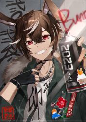  1boy 2023 animal_ears brown_hair chain_necklace chinese_zodiac choker ear_piercing fur_trim gloves grin highres ichimishiyu jacket jewelry looking_at_viewer male_focus multicolored_hair necklace new_year original piercing rabbit_boy rabbit_ears red_eyes smile spray_can spray_paint white_hair year_of_the_rabbit 