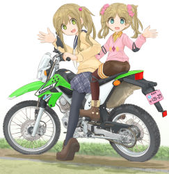  2girls ankle_boots aqua_eyes argyle black_legwear blonde_hair blue_skirt boots brown_footwear brown_legwear brown_shorts collared_shirt commentary_request dirt_bike dirt_road dirtbike elbow_pads fang from_side grass green_eyes hair_bobbles hair_ornament hair_scrunchie highres inuyama_akari inuyama_aoi kawasaki kawasaki_klx125 knee_pads loafers long_sleeves looking_at_viewer looking_back mikeran_(mikelan) miniskirt motor_vehicle motorcycle multiple_girls neckerchief open_mouth pantyhose partial_commentary pink_sweater plaid plaid_skirt pleated_skirt purple_scrunchie road school_uniform scrunchie serafuku shadow shirt shoes shorts siblings side_ponytail sisters sitting skin_fang skirt smile sweater twintails v-neck waving white_background white_neckerchief yellow_shirt yellow_sweater yurucamp 