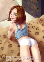  1girl bed brown_hair hip_focus loli powerdoll short_hair shorts solo  rating:Questionable score:73 user:Powerdoll