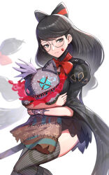 1girl absurdres bayonetta_origins:_cereza_and_the_lost_demon black_dress black_eyes black_hair black_thighhighs bow cereza dress glass gonzarez hair_bow highres holding holding_stuffed_toy long_hair red_ribbon ribbon simple_background solo stitches stuffed_toy thighhighs very_long_hair white_background 
