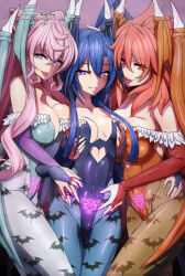  3girls amou_kanade animal_print arm_grab asymmetrical_docking bat_print blue_eyes blue_hair blue_leotard blue_pantyhose breast_press breasts bridal_gauntlets cleavage clothing_cutout commission covered_navel demon_girl demon_wings fangs feet_out_of_frame grabbing grabbing_another&#039;s_breast groping heart heart-shaped_pupils heart_cutout highleg highleg_leotard holding_hands kazanari_tsubasa large_breasts large_wings leotard long_hair looking_at_viewer maria_cadenzavna_eve multiple_girls orange_eyes orange_hair orange_leotard orange_pantyhose pantyhose pink_hair pubic_tattoo seductive_smile senki_zesshou_symphogear signature simple_background small_breasts smile symbol-shaped_pupils tattoo teeth tongue tongue_out uganda_(ugandam_00) upper_teeth_only very_long_hair wings yuri 