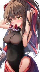  1girl absurdres alternate_costume armpits black_leotard blush bow breasts brown_hair cleavage clothes_in_mouth commentary covered_navel frilled_bow frilled_hair_tubes frills gradient_eyes hair_bow hair_tubes hakurei_reimu highres leotard long_hair looking_at_viewer multicolored_eyes red_bow solo touhou tying_hair unory very_long_hair 