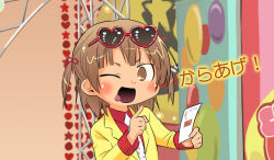  1girl brown_eyes brown_hair child female_focus formal looking_at_viewer marui_mitsuba mitsudomoe necktie open_mouth pointing short_hair solo source_request suit sumikara_sumimade sunglasses twintails upper_body wink  rating:Sensitive score:2 user:kudo