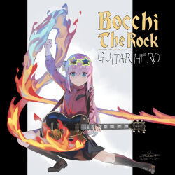 1girl album_cover_redraw black_socks blue_eyes bocchi_the_rock! brown_footwear cube_hair_ornament dated derivative_work electric_guitar eyewear_on_head fire gibson_les_paul gotoh_hitori grey_skirt guitar hair_between_eyes hair_ornament highres holding holding_instrument instrument jacket loafers long_hair music one_side_up pink_hair pink_jacket playing_instrument pleated_skirt rock_&#039;n_flowers shihou_(g-o-s) shoes signature skirt socks solo star-shaped_eyewear star_(symbol) sunglasses track_jacket yngwie_malmsteen