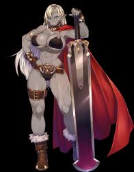 1girl 23_(real_xxiii) abs amazon_warrior anatolia_(sennen_sensou_aigis) armor belt bikini bikini_armor blonde_hair blue_eyes boots breasts cape cleavage dark-skinned_female dark_elf dark_skin elf female_focus female_orc fingerless_gloves full_body gloves hand_on_own_hip highres holding holding_sword holding_weapon huge_weapon large_breasts long_hair long_sword looking_at_viewer muscular muscular_female non-web_source orc pointy_ears scar sennen_sensou_aigis solo standing swimsuit sword thigh_strap transparent_background warrior weapon rating:Questionable score:156 user:R-998