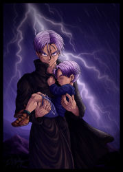  2boys curtained_hair dragon_ball dragonball_z dual_persona gradient_background lightning male_focus multiple_boys outdoors sky time_paradox trunks_(dragon_ball)  rating:Sensitive score:11 user:cookie_baer