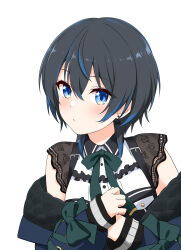 bellezza_felutia black_dress black_hair blue_eyes blue_jacket blush bow bow_earrings breasts collared_dress cosplay crossover dress earrings embarrassed felutiahime hair_between_eyes hand_on_own_chest highres hololive hoshimachi_suisei hoshimachi_suisei_(streetwear) hoshimachi_suisei_(cosplay) jacket jewelry lace lace_sleeves long_sleeves medium_hair neck_ribbon puckered_lips quilted_jacket ribbon sidelocks small_breasts star_(symbol) star_in_eye symbol_in_eye two-sided_fabric two-sided_jacket virtual_youtuber white_background