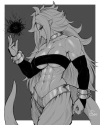  1girl abs absurdres android_21 arabian_clothes bandeau bare_shoulders bracelet breasts choker cleavage detached_sleeves dragon_ball dragon_ball_fighterz earrings electricity energy energy_ball gold_bracelet grey_background greyscale hand_up highres jewelry large_breasts long_hair looking_at_viewer looking_to_the_side majin_android_21 monochrome muscular muscular_female navel pointy_ears simple_background sketch speedl00ver tail underboob veins very_long_hair 