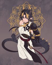  1girl :&lt; arknights armor black_hair brown_background chong_yue_(arknights) closed_mouth commentary_request cropped_legs dragon_girl dragon_horns dragon_tail earrings fighting_stance floating_hair genderswap genderswap_(mtf) hands_up highres horns jewelry korean_commentary long_hair looking_at_viewer low_ponytail multicolored_hair nills pauldrons pointy_ears red_eyes rerebrace shoulder_armor single_pauldron sleeveless streaked_hair tail upper_body yellow_eyes 