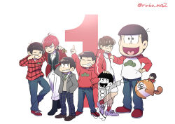  6+boys animalization antenna_hair arm_up black_hair blazer blue_eyes bowl_cut buttons character_doll child collared_shirt cosplay denim dog epaulettes f6 glasses green_necktie grey_jacket grin hand_on_another&#039;s_head hand_on_own_hip hands_in_pockets hood hoodie idol idol_clothes jacket jeans looking_at_another looking_at_viewer male_focus mascot_costume matsu_symbol matsuno_osomatsu matsuno_osomatsu_(cosplay) multiple_boys multiple_persona necktie open_clothes open_jacket osomatsu-kun osomatsu-san osomatsu-san_the_movie pants raglan_sleeves real_life red_footwear red_hair red_hoodie rinko_ma2 sakurai_takahiro school_uniform see-through_body shirt smile takasaki_shouta time_paradox voice_actor white_background wiping_nose 