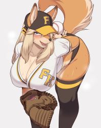 1girl absurdres animal_ears arm_behind_back ball baseball baseball_cap baseball_glove baseball_jersey baseball_uniform bent_over black_panties black_ribbon blonde_hair blush breasts cervina character_request cleavage clothes_writing copyright_request ears_through_headwear fingernails fox_ears fox_girl fox_tail furry furry_female hair_between_eyes hair_ribbon hanging_breasts hat highres holding holding_ball huge_breasts long_hair looking_at_viewer no_pants nose_blush open_mouth orange_fur panties pitching ribbon sharp_teeth shirt snout solo sportswear sweat tail teeth thick_thighs thighhighs thighs underwear wet wet_clothes wet_shirt rating:Sensitive score:136 user:danbooru