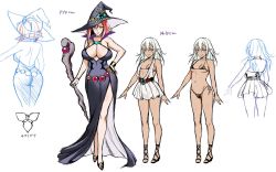 2girls ass backless_outfit breasts character_sheet comparison dark-skinned_female dark_skin dress hat horns large_breasts multiple_girls multiple_views navel oni small_breasts thong usagi_nagomu witch witch_hat rating:Questionable score:56 user:cheezeit