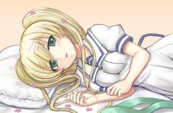 1girl bed bed_sheet blonde_hair blush breasts cordelia_glauca flower green_eyes hair_flower hair_ornament head_on_pillow long_hair looking_at_viewer lying medium_breasts on_bed on_side open_mouth pillow pink_flower programman puffy_short_sleeves puffy_sleeves school_uniform short_sleeves simple_background smile solo swept_bangs tantei_opera_milky_holmes tareme twintails uniform wavy_hair rating:Sensitive score:2 user:danbooru