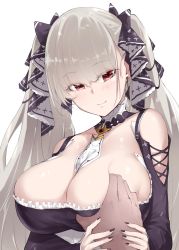 013_(hamsasuke) 1girl azur_lane bare_shoulders between_breasts black_dress black_nails black_ribbon grabbing_another&#039;s_breast breasts cleavage clothing_cutout dress formidable_(azur_lane) frilled_dress frills gothic_lolita grabbing grey_hair guided_breast_grab guiding_hand hair_ribbon highres large_breasts lolita_fashion long_hair nail_polish neckwear_between_breasts red_eyes ribbon shoulder_cutout simple_background twintails two-tone_dress two-tone_ribbon upper_body very_long_hair white_background rating:Sensitive score:108 user:danbooru