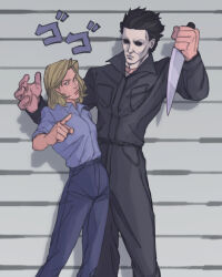  1boy 1girl black_hair black_jumpsuit blonde_hair breasts cincidious commentary dead_by_daylight english_commentary frown halloween_(movie) holding holding_knife jojo_no_kimyou_na_bouken jojo_pose jumping jumpsuit knife kujo_jotaro&#039;s_pose_(jojo) laurie_strode mask menacing_(jojo) michael_myers pointing pointing_at_viewer reverse_grip small_breasts 