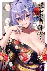  1girl bare_shoulders blue_hair blush breasts closed_mouth flower hair_flower hair_ornament idolmaster idolmaster_shiny_colors japanese_clothes kimono koya_(koya_x_00) large_breasts long_hair off_shoulder open_clothes purple_eyes smile solo suzuki_hana  rating:General score:3 user:suicidaism