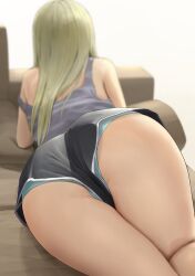 1girl absurdres ano_(gccx8784) arched_back arm_support armpit_crease ass ass_focus blonde_hair blurry blurry_background commentary_request couch depth_of_field dolphin_shorts facing_away from_behind grey_shirt gyaru highres long_hair lying on_couch on_stomach original paid_reward_available panties revision shirt short_shorts shorts simple_background solo strap_slip sweat tank_top thighs underwear upshorts rating:Sensitive score:297 user:danbooru