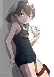  1girl against_wall black_eyes black_hair black_one-piece_swimsuit cowboy_shot drink drinking_straw fuji_(pixiv24804665) highres i-41_(kancolle) kantai_collection leg_holster looking_at_viewer low_ponytail name_tag old_school_swimsuit one-piece_swimsuit school_swimsuit short_hair smile solo swimsuit thigh_strap 
