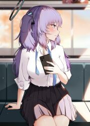  absurdres black_skirt blue_archive blurry blurry_background blush breasts cellphone halo highres holding holding_phone indoors large_breasts leofish_yt looking_to_the_side necktie phone pleated_skirt profile purple_eyes shirt shirt_tucked_in sitting skirt two_side_up undone_necktie white_shirt yuuka_(blue_archive) 