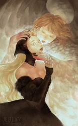  2girls artist_name bare_shoulders black_dress blonde_hair breasts cleavage commentary couple detached_sleeves dress dungeon_meshi ear_covers english_commentary falin_touden falin_touden_(chimera) feathered_wings feathers fingernails fur-trimmed_sleeves fur_trim green_eyes hands_on_another&#039;s_head highres jerlyy long_hair looking_afar looking_at_another marcille_donato marcille_donato_(lord) multiple_girls parted_lips red_lips sharp_fingernails short_hair spoilers white_feathers wings yuri 