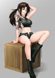  1girl arm_tattoo arm_up bare_legs belt black_footwear black_hair black_lagoon black_tank_top boots breasts brown_eyes commentary_request crate cutoffs denim denim_shorts full_body grey_background grin gun hair_intakes handgun holster kirishima_itsuki knee_up large_breasts looking_at_viewer open_fly ponytail revy_(black_lagoon) short_shorts shorts shoulder_holster shoulder_tattoo simple_background sitting smile solo tank_top tattoo thighs weapon 