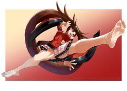  1girl bare_legs bare_shoulders barefoot border breasts brown_eyes brown_hair china_dress chinese_clothes detached_sleeves dress eiji_(eiji) feet foot_focus foreshortening guilty_gear guilty_gear_xrd hair_ornament hairclip highres kicking kuradoberi_jam long_hair martial_arts medium_breasts multicolored_background open_mouth panties pink_panties pleated_skirt skirt solo split thick_thighs thigh_strap thighs underwear upskirt v-shaped_eyebrows white_border wide_sleeves 