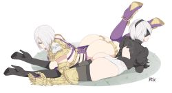 2girls absurdres artist_logo artist_name ass asymmetrical_clothes back_cutout bad_id bad_twitter_id black_footwear blindfold boots breasts clothing_cutout feather-trimmed_sleeves gauntlets hair_over_one_eye highres isabella_valentine lips lying multiple_girls nier:automata nier_(series) purple_footwear r3dfive red_lips revealing_clothes skull soul_calibur soulcalibur soulcalibur_vi thigh_boots thighhighs white_background 2b_(nier:automata)  rating:Questionable score:60 user:danbooru