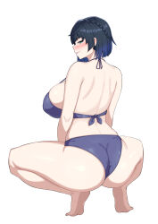  1girl absurdres ass bikini black_hair blue_eyes blush breasts from_behind genshin_impact grin highres huge_ass huge_breasts looking_at_viewer looking_back naughty_face short_hair smile solo squatting swimsuit thick_thighs thighs white_background yelan_(genshin_impact) zb_(xucz8527)  rating:Questionable score:35 user:HuskLover12