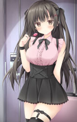  arm_behind_back arm_up blush breasts candy door food frilled_shirt frills hair_between_eyes hair_ornament hair_ribbon highres korie_riko lace lace-trimmed_skirt lace_trim large_breasts long_hair looking_at_viewer original pink_shirt ribbon shirt skirt twintails  rating:Sensitive score:9 user:vangadi