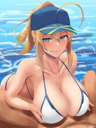  1boy 1girl absurdres ahoge artoria_pendragon_(all) aya_(user_ddya7452) bangs bare_shoulders bikini blonde_hair blue_eyes blush breast_hold breasts cleavage fate/grand_order fate_(series) hair_between_eyes hair_through_headwear highres large_breasts looking_at_viewer lying mysterious_heroine_x_(fate) nude on_back out_of_frame paizuri partially_submerged sidelocks smile swimsuit water 